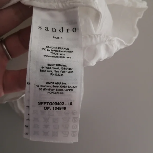 Sandro Jacquard Blouse Double S Logo Pleated Collar Puff Sleeves White 2 Medium - Picture 12 of 16
